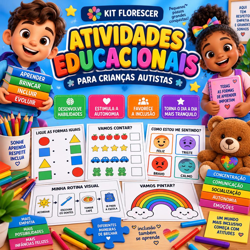 Kit Florescer de atividades educacionais para crianças autistas, com ilustrações de crianças e exemplos de materiais